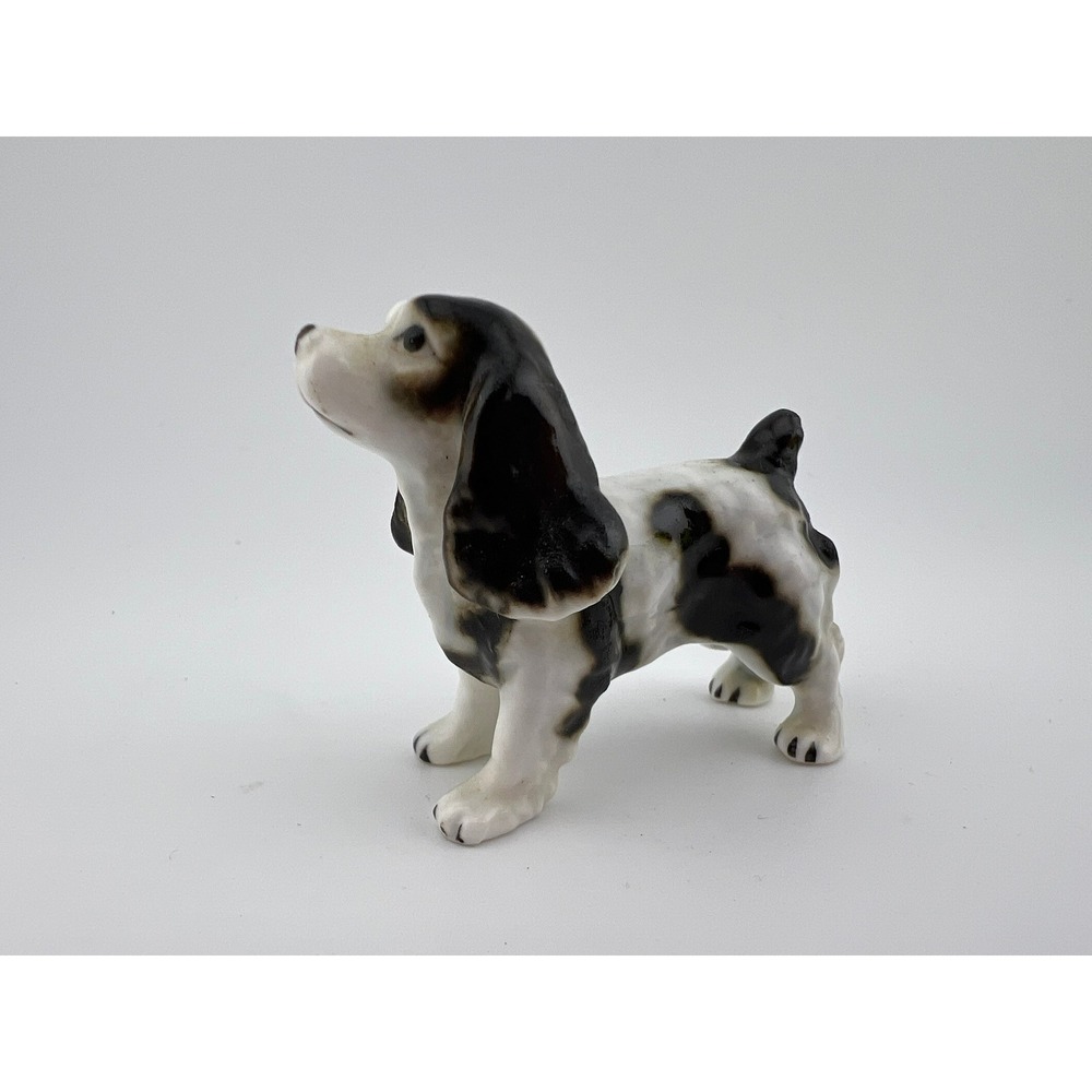 Vintage Japan Ceramic Spaniel Dog Figurine Black White 2"